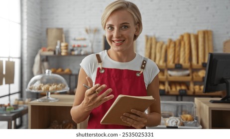 Young woman with short blonde hair in a bakery shop wearing a red apron smiling and holding a notebook while surrounded by breads and pastries - Powered by Shutterstock