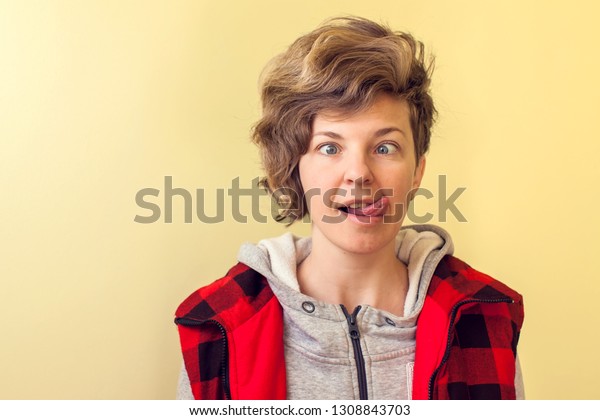 Young Woman Short Hair Making Funny Stock Photo Edit Now 1308843703