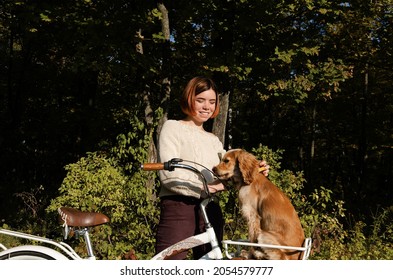 Young Woman With Short Hair Is Riding A Bicycle During Autumn Season In The Forest With Pet Dog Sitting In The Basket.