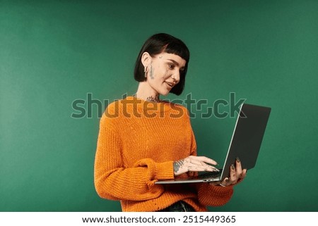Similar – Image, Stock Photo Short-haired woman warms her hands with her breath in the autumn in the park