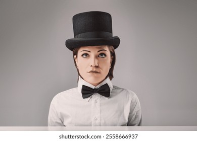 Young woman with short hair wearing a white shirt, black bow tie and top hat looking at the camera with a serious expression in a studio setting - Powered by Shutterstock