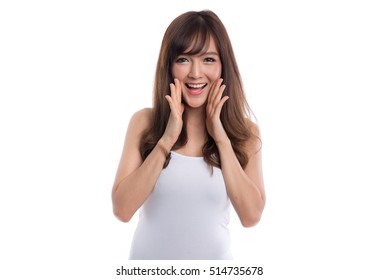 Young woman shout and scream using her hands as tube,isolated on white background