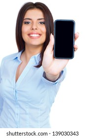 Young Woman Showing Display Of Mobile Cell Phone With Black Screen And Smiling On A White Background. Focus On Hand.