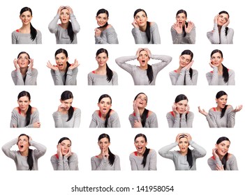 Young woman showing several expressions, isolated on white background. - Shutterstock ID 141958054