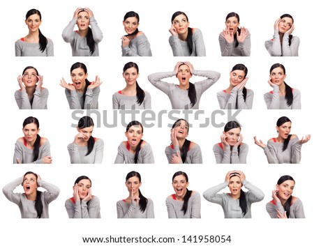 Young woman showing several expressions, isolated on white background.