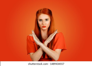 Young Woman Showing Time Out Of Hand Gesture, Looking Annoyed And Frustrated Isolated On Red Background. Too Many Things To Do. Human Emotions Face Expression Reaction