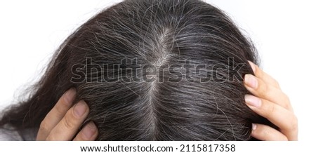 A young woman shows gray hair on her head on a white background. Close up gray hair texture.