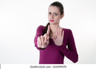 Young Woman Shows Palm Of The Hand Meaning : No