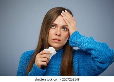 Young Woman Sick With Cold Or Flu Has Headache. Female Person With Fever, Isolated Portrait.