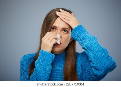 Young Woman Sick With Cold Or Flu Has Headache. Female Person With Fever, Isolated Portrait.