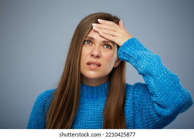 Young Woman Sick With Cold Or Flu Has Headache. Female Person With Fever Touching Her Forehead, Isolated Portrait.