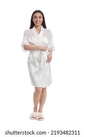 Young Woman In Silk Robe On White Background