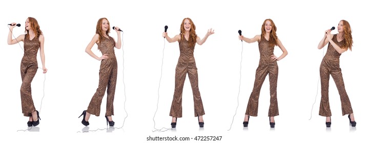 Young Woman Singing In Karaoke Isolated On White