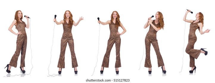 Young Woman Singing In Karaoke Isolated On White