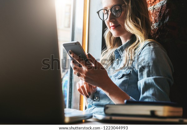 Young Woman Sits Cafe On Windowsill Stock Photo Edit Now 1223044993