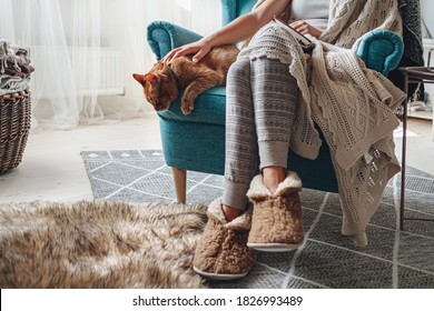 Young woman sitting in a cozy armchair, with a warm blanket, together with a domestic cat - Shutterstock ID 1826993489