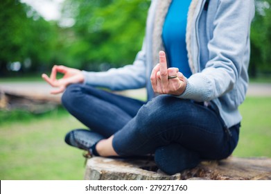 A young woman is sitting in a meditation pose on a tree trunk in the park and is displaying a rude gesture with her middle finger
