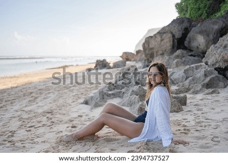 Similar – Image, Stock Photo Thoughtful latin woman on the beach