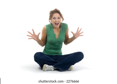 Young Woman Sitting On Ground And Scream