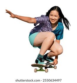 Young woman skateboarding, smiling, wearing casual clothes. Asian female enjoying skateboarding, showing joy and balance. Skateboarding enthusiast in action. Asian girl element isolated on white. - Powered by Shutterstock