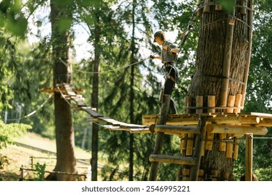 A young woman skillfully navigates a challenging treetop obstacle course in a vibrant, lush green forest - Powered by Shutterstock