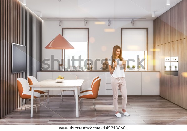 Young Woman Smartphone Standing Stylish Kitchen Stock Photo Edit