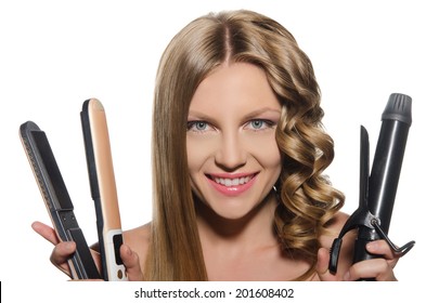 Young Woman With  Smile Holds Curling Iron