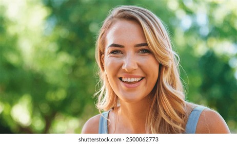 A young woman smiles brightly in a lush green garden. - Powered by Shutterstock