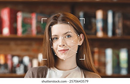 A young woman smiles as facial recognition technology analyzes her features in a library surrounded by books. The focus is on her face, highlighting advanced ID technology in use.