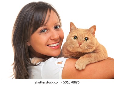 Young Woman Smiling At Camera With Red Haired Domestic Cat, Isolated On White Background