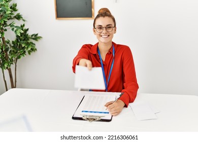 Young Woman Smiling Confident Holding Vote Working At Electoral College