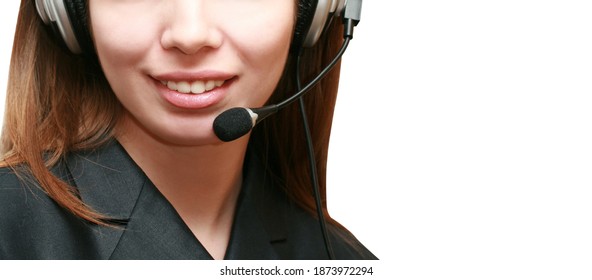 young woman smiling with headphones on white background