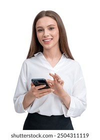 Young woman smiling and using a smartphone. Photorealistic style on a white background. Concept of communication and technology