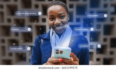 Young woman smiling while using smartphone with various AI applications visible in the background context