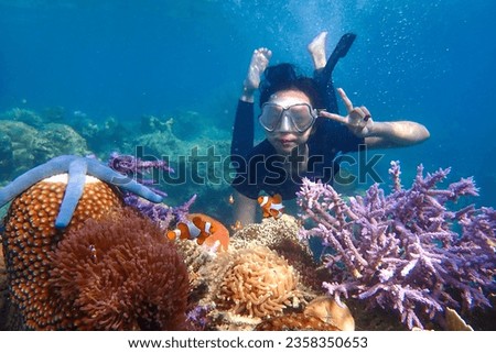 Young woman snorkeling exploring underwater coral reef landscape background in the deep blue ocean with colorful fish and marine life
