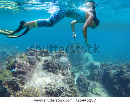 A young woman is snorkeling. She watches a rare sea urchin.
