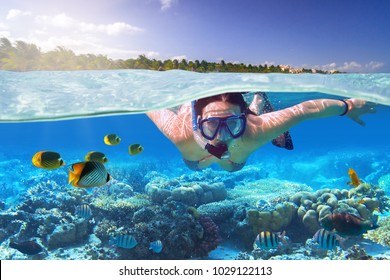 Young Woman At Snorkeling In The Tropical Water Of Mexico