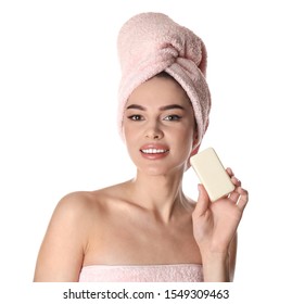 Young Woman With Soap Bar On White Background