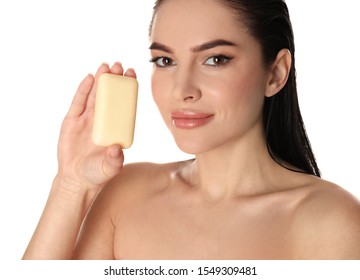 Young Woman With Soap Bar On White Background