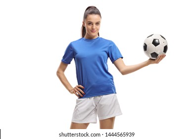 Young Woman Soccer Player Holding A Football Isolated On White Background
