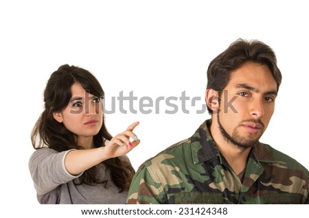 young woman and soldier in military uniform say goodbye deployment isolated on white