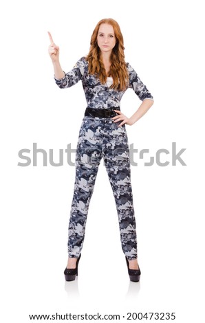 Young woman soldier pressing virtual buttons  isolated on white