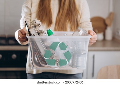  Young Woman Sorting Waste At Home, Storage And Recycling Concept, Copy Space
