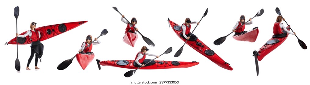 Young woman in special sportswear with red canoe and paddle isolated over white background. Rowing, kayaking. Collage. Concept of extreme sport, competition, tournament, championship. - Powered by Shutterstock