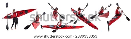 Young woman in special sportswear with red canoe and paddle isolated over white background. Rowing, kayaking. Collage. Concept of extreme sport, competition, tournament, championship.