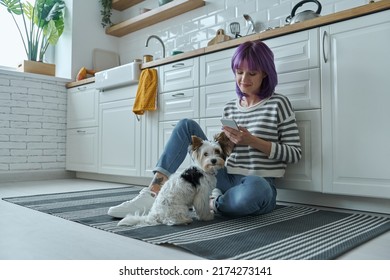 Young Woman Spending Time With Her Dog While Using Phone And Sitting On The Floor At The Kitchen