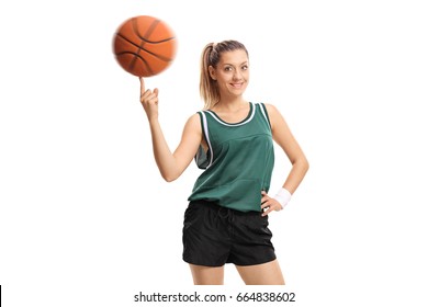 Young woman spinning a basketball on her finger isolated on white background - Powered by Shutterstock