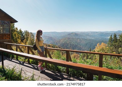 Young Woman Stand Alone At Balcony Front Of Mountain, Sky Are Background. This Image For Scenery, Nature, Travel, Person, Portrait, Lanscape Concept