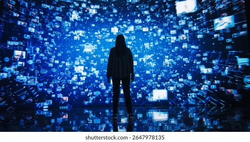 Young Woman Standing Before a Dynamic Digital Screen, Immersed in Internet Visualization. Internet Cyberspace with Web Content, Icons, Animated Stream of Online Applications and Entertainment