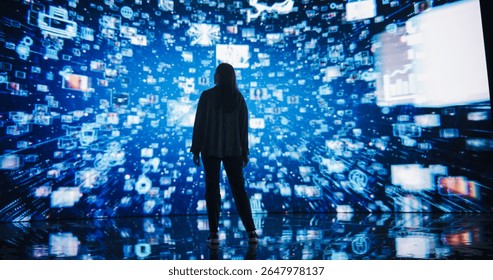 Young Woman Standing Before a Dynamic Digital Screen, Immersed in Internet Visualization. Internet Cyberspace with Web Content, Icons, Animated Stream of Online Applications and Entertainment
